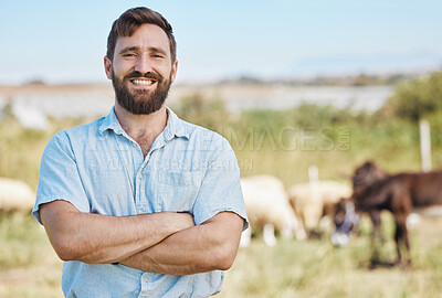 Buy stock photo Farmer, portrait or arms crossed on livestock agriculture, sustainability environment or nature for farming industry. Smile, happy or confident man with animals growth or sheep and person on a field