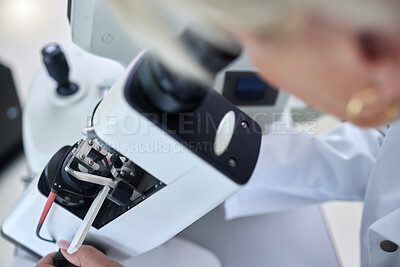 Buy stock photo Microbiology, science and woman with microscope for research, studying bacteria and chemistry in a lab. Healthcare, analytics and scientist looking through a lens for medical analysis on a virus