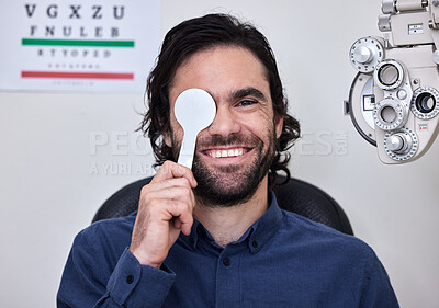 Buy stock photo Man, portrait or covering eyes in test for medical glasses, prescription lens or glaucoma disease detection. Smile, happy or optometry patient in exam, ophthalmologist consult or healthcare wellness