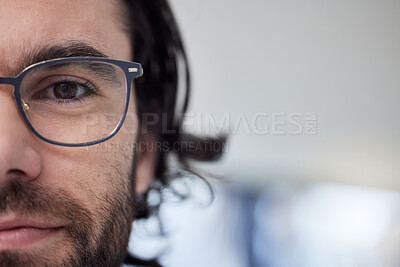 Buy stock photo Glasses, optometry and eye of man with mockup prescription eyewear, spectacles and advertising. Half, face and portrait of male person with new stylish frame for vision from optometrist or optician