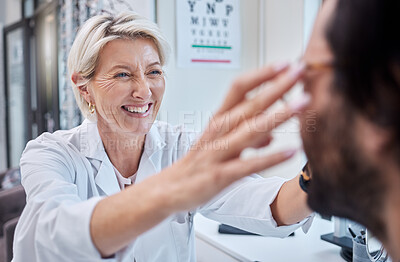 Buy stock photo Optometrist, woman and helping customer with eyes, glasses and vision in store. Face of happy optician, new frames and consulting services in retail shop, clinic and choice for health, trust and test