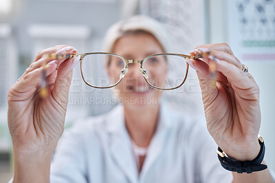 Buy stock photo Optometry person putting glasses on in client face pov for consultation, frame check and vision test in store. Customer services, help and support of professional worker or person lens eyes care