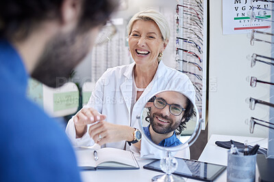 Buy stock photo Mirror, glasses or happy man consulting a doctor for professional eyesight advice with at a retail store. Customer checking to see vision health with a trusted senior optician or ophthalmologist 