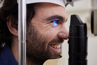 Buy stock photo Eye exam, test or care for patient with laser machine at optometry consultation for lens or frame for vision. Face of happy man with industry tools for eyes, eyesight and check with health insurance