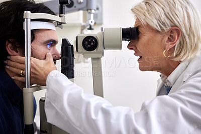 Buy stock photo Man, eye exam or test with patient and doctor at optometry consultation for lens or frame for vision. Person and healthcare woman with laser machine for eyes with expert care and health insurance 