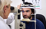 Patient man, eye exam or test for vision with laser lens and doctor at optometry consultation. Person and woman healthcare person with machine for eyes, wellness and health insurance with expert care