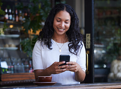 Buy stock photo Woman in cafe, smile and smartphone for typing, social media and connection with online banking, relax and break. Female, customer and lady with cellphone, communication and in coffee shop for lunch