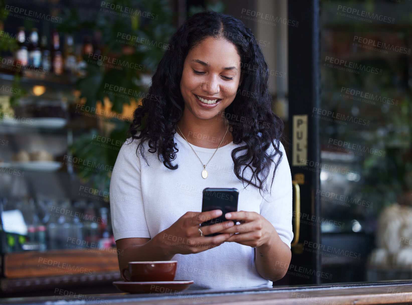 Buy stock photo Woman in cafe, smile and smartphone for typing, social media and connection with online banking, relax and break. Female, customer and lady with cellphone, communication and in coffee shop for lunch
