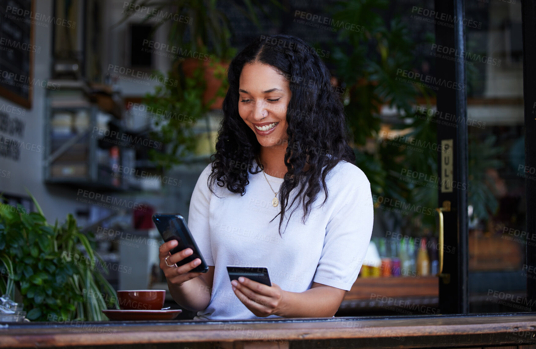 Buy stock photo Woman, phone and credit card with smile for ecommerce, online shopping or purchase at coffee shop. Happy female shopper on smartphone for internet banking, app or wireless transaction at indoor cafe