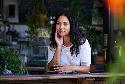 Buy stock photo Black woman, thinking and mindset in cafe, relax and daydreaming on break, opportunity and ideas. African American female, lunch or lady in coffee shop, thoughts and tea with wonder, smile or fantasy