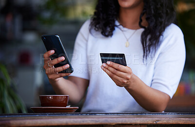 Buy stock photo Woman, hands and phone with credit card for ecommerce, online shopping or purchase at coffee shop. Hand of female customer on smartphone for internet banking, app or wireless transaction at cafe