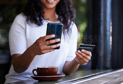 Buy stock photo Woman, hands and phone with credit card for online shopping, ecommerce or purchase at coffee shop. Hand of female customer on smartphone for internet banking, app or wireless transaction at cafe