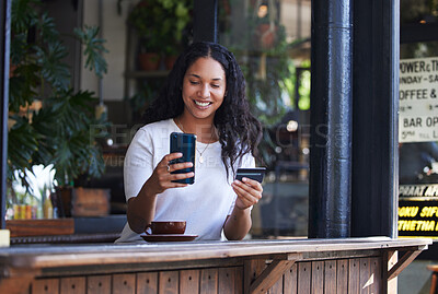 Buy stock photo Woman, phone and credit card at coffee shop for ecommerce, online shopping or purchase. Happy female customer with smile on smartphone for internet banking, app or wireless transaction at indoor cafe
