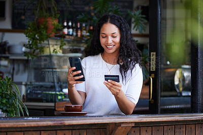Buy stock photo Woman, phone and credit card with smile for ecommerce, online shopping or purchase at coffee shop. Happy female customer on smartphone for internet banking, app or wireless transaction at cafe