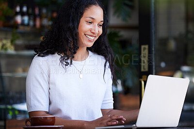 Buy stock photo Woman, laptop and cafe for remote work, writing and tea break against a blurred background. Freelance, journalist and black female working on article, online project or creative idea in coffee shop