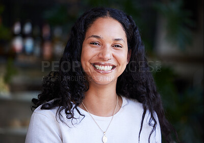 Buy stock photo Happy portrait and woman smile, relax and excited about startup, company and vision against mockup background. Face, entrepreneur and brazilian girl cheerful for future, idea and goal with copy space