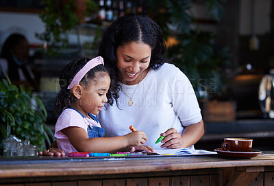 Buy stock photo Learning, drawing and mother with girl at cafe with books, studying and art education. Family, love and mama teaching kid how to color with crayons, having fun and bonding together in restaurant shop