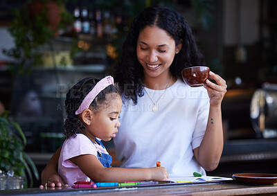 Buy stock photo Learning, drawing and girl with mother at cafe with books, studying and art education. Family care, love and mama teaching kid how to color with crayons, having fun and bonding together in restaurant