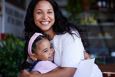 Buy stock photo Love, hug and portrait of mother with girl bonding, having fun and smiling together at home. Family, support and mom hugging, cuddle or embrace with happy child or kid while enjoying time in house.