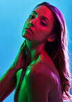 Glowing skincare, portrait or neon lighting on isolated blue background and hands on neck, body or skin. Beauty model, woman or touching in creative fantasy green, pink or lights aesthetic in makeup