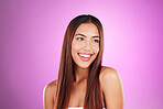 Hair, woman and beauty in studio with smile, healthy skincare or mockup. Happy model, long hairstyle and natural cosmetics of aesthetic salon, color dye and growth shampoo for shine, face or textures