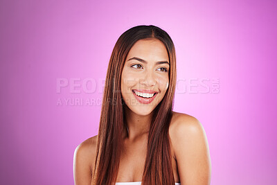 Buy stock photo Hair, woman and beauty in studio with smile, healthy skincare or mockup. Happy model, long hairstyle and natural cosmetics of aesthetic salon, color dye and growth shampoo for shine, face or textures
