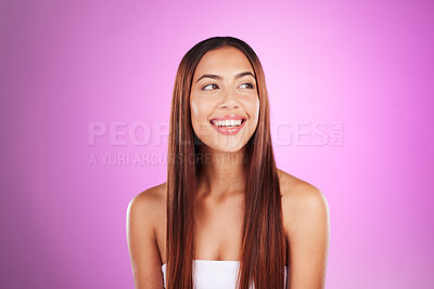 Buy stock photo Hair care, woman and beauty in studio with smile, healthy skincare or mockup. Happy model, hairstyle and natural cosmetics of aesthetic salon, color dye and growth shampoo for shine, face or textures