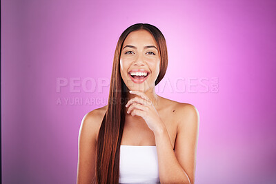 Buy stock photo Hair, portrait and black woman isolated on purple background in healthy glow, beauty shine or care mockup. Young gen z model or happy person face for natural growth, color and salon studio mock up