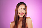 Black woman, portrait and hair isolated on purple background for healthy glow, shine and care in studio. Young gen z model or person with beauty, face smile for natural growth, color and salon mockup