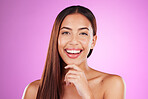 Hair care, laughing and portrait of a woman with makeup isolated on a pink background in a studio. Smile, salon and hairdresser model showing a hairstyle from a spa for grooming and brunette style