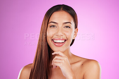 Buy stock photo Hair care, laughing and portrait of a woman with makeup isolated on a pink background in a studio. Smile, salon and hairdresser model showing a hairstyle from a spa for grooming and brunette style