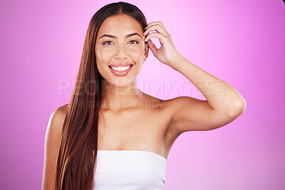 Buy stock photo Hair care, happy and portrait of a woman with beauty isolated on a pink background in a studio. Smile, salon and hairdresser model showing a hairstyle from a spa for grooming and brunette style