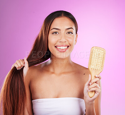 Buy stock photo Hair, brush and portrait of woman on studio background for beauty cosmetics, skincare and color. Happy model comb hairstyle, growth and aesthetics for healthy shine, salon shampoo and facial smile 