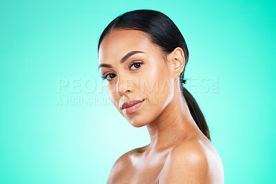 Buy stock photo Skincare, beauty and black woman isolated on a green background for cosmetics glow, shine and facial mockup. Portrait of a young model or beautiful person in studio mock up for dermatology wellness
