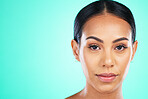 Beauty, face and black woman isolated on green background for cosmetics, facial skincare and mockup space. Young model or person in portrait for dermatology, product placement and studio mock up