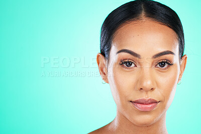 Buy stock photo Beauty, face and black woman isolated on green background for cosmetics, facial skincare and mockup space. Young model or person in portrait for dermatology, product placement and studio mock up