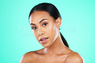 Buy stock photo Beauty, portrait and black woman isolated on a green background for cosmetics glow, skincare shine and facial. Face of a young model or person in studio mockup for dermatology results or aesthetic