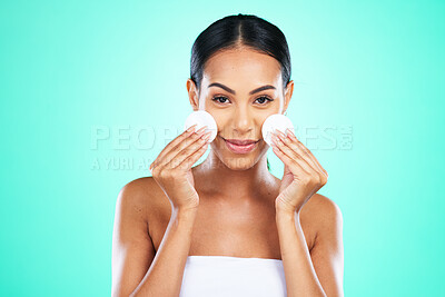 Buy stock photo Cotton pad and black woman isolated on studio background for face or facial cleaning product in product promotion Young model or person portrait for beauty glow, cosmetics wipe and makeup mockup