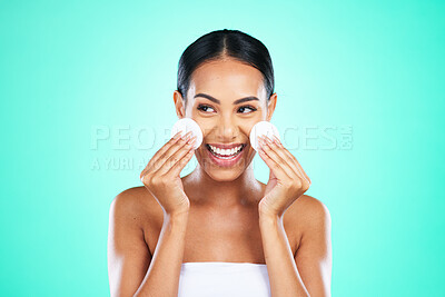 Buy stock photo Beauty, happy and woman with cotton for skincare isolated on a green background. Smile, routine and cosmetics model smiling with promotion of facial pads to clean face of makeup, product and dirt