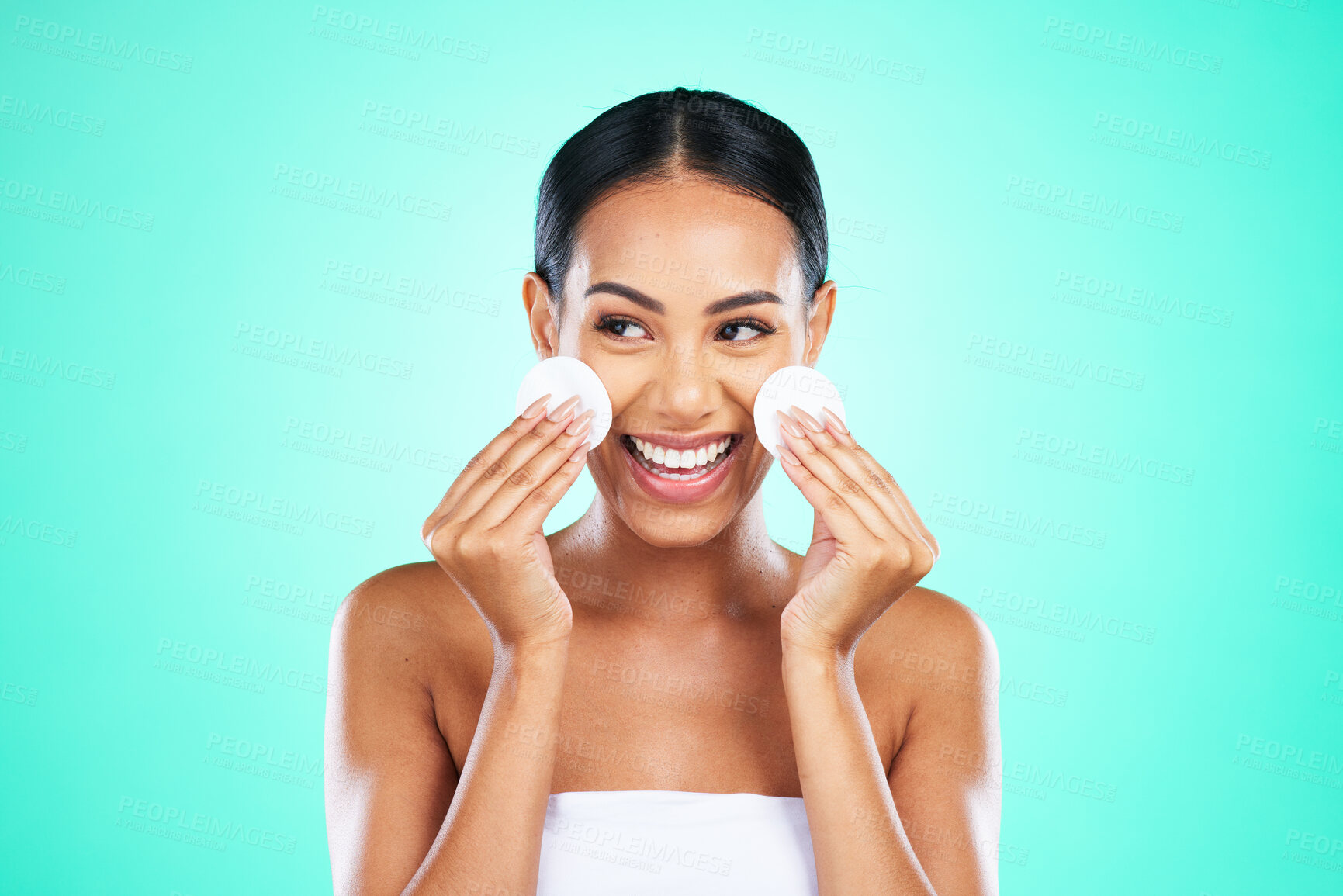 Buy stock photo Beauty, happy and woman with cotton for skincare isolated on a green background. Smile, routine and cosmetics model smiling with promotion of facial pads to clean face of makeup, product and dirt