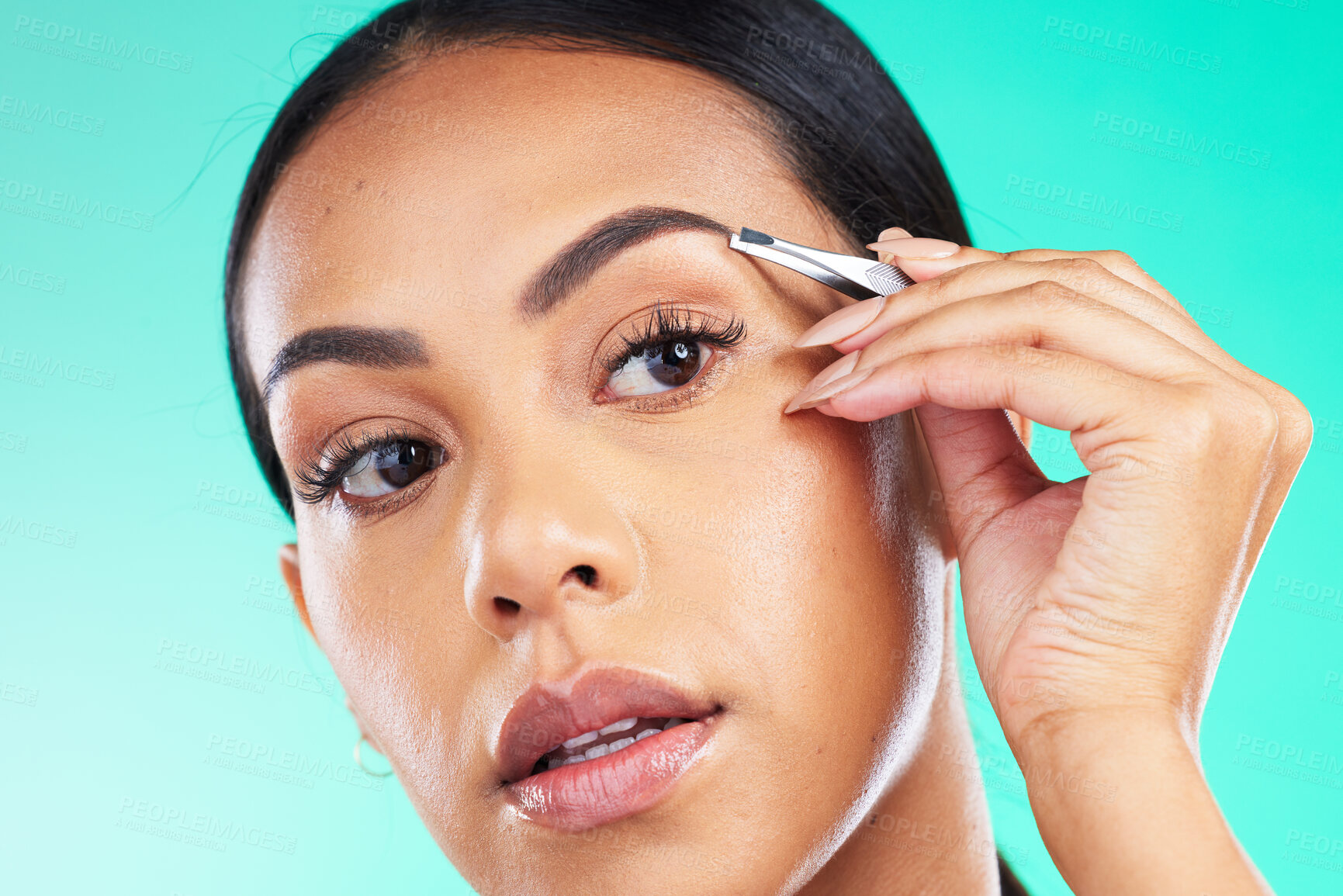 Buy stock photo Eyebrow tweezers, beauty and woman in studio for skincare wellness, aesthetic cleaning and facial. Female model, brows and hair removal for face cosmetics, growth maintenance and body epilation tools