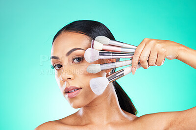 Buy stock photo Beauty, makeup brush and portrait of woman in studio for skincare or grooming on green background. Face, skin and girl model relax with glamour tool, product or luxury makeover on isolated mockup