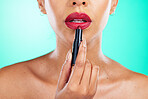 Makeup, lips and beauty with a model black woman in studio on a green background for a cosmetic product. Cosmetics, mouth and lipstick with a female indoor to apply color for a beautiful aesthetic