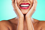 Dental, teeth and perfect smile by woman with oral care, hygiene and whitening isolated in studio green background. Closeup, zoom and clean mouth after cosmetic cleaning, treatment and grooming