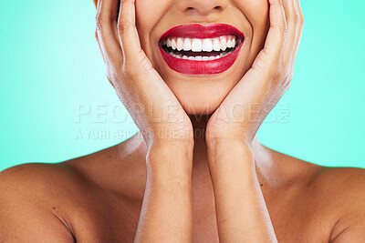 Buy stock photo Dental, teeth and perfect smile by woman with oral care, hygiene and whitening isolated in studio green background. Closeup, zoom and clean mouth after cosmetic cleaning, treatment and grooming