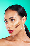 Woman, face and contour for makeup, cosmetics or beauty skincare isolated against a studio background. Female smile with red lips, contouring and foundation for skin tone, toner or facial treatment