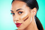 Woman, face and contour for beauty makeup, cosmetics or skincare isolated against a studio background. Female smile with red lips, contouring and foundation for skin tone, toner or facial treatment