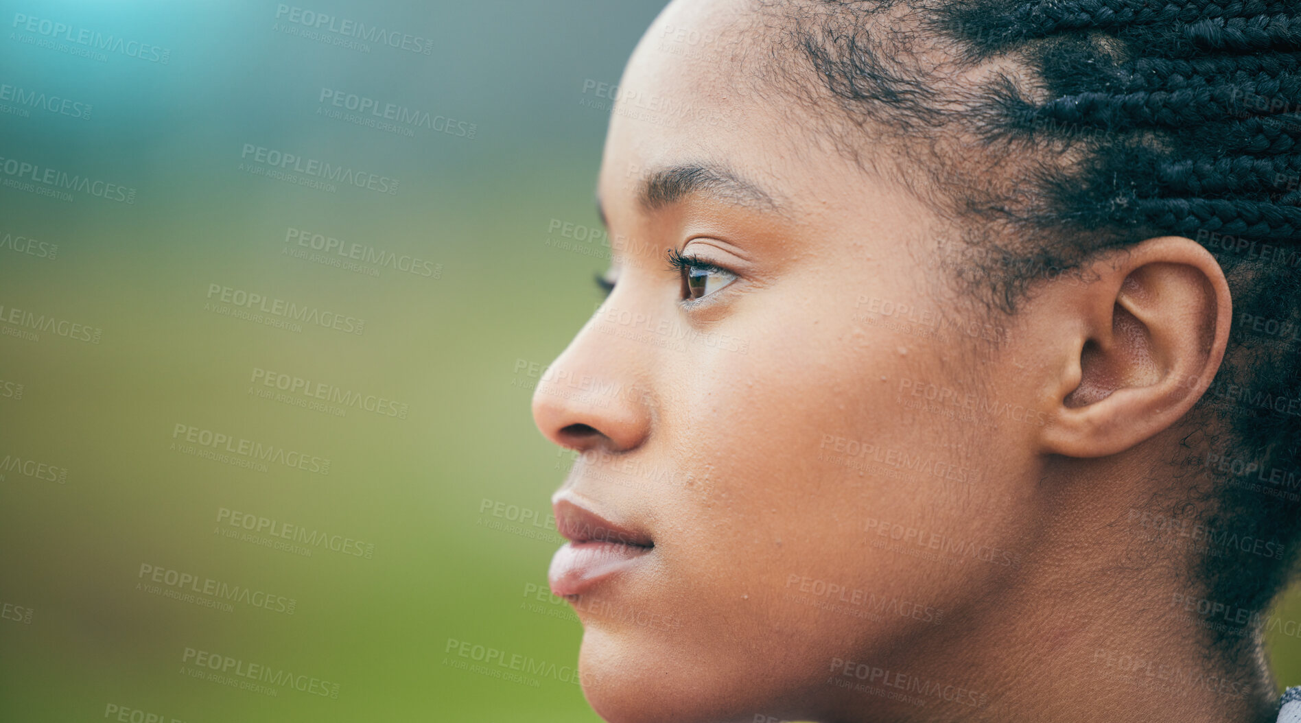 Buy stock photo Mockup, focus and face of a woman training for fitness, workout motivation and thinking of a goal. Running, exercise and athlete on a bokeh nature background for sports vision, cardio start and idea