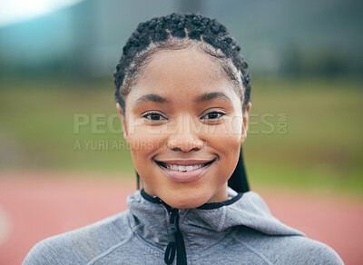 Buy stock photo Fitness, portrait and black woman athlete with smile for workout, training or exercise goals outdoor in park. Face of a young african runner person with sports vision, mission and goals at stadium 