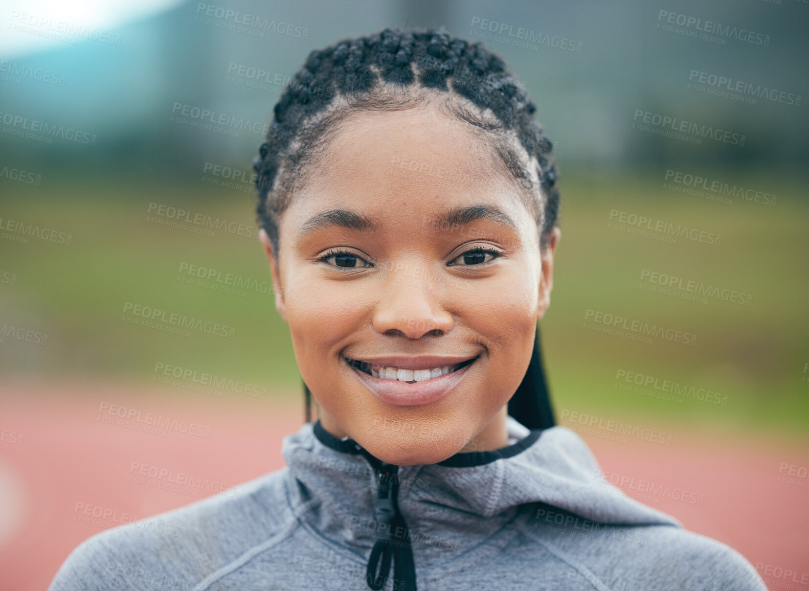 Buy stock photo Fitness, portrait and black woman athlete with smile for workout, training or exercise goals outdoor in park. Face of a young african runner person with sports vision, mission and goals at stadium 